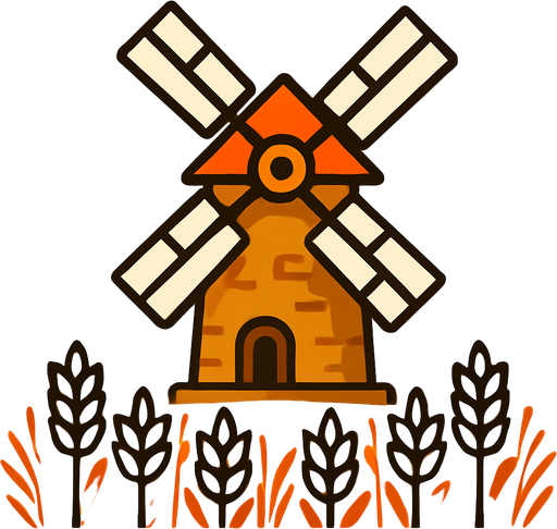 טחנת דגן בלב שדה חיטה עם רקע צהוב.
In-Game asset.  2d.  High contrast.  No shadows