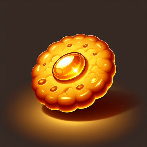 Golden cookie.
Single Game Texture.  In-Game asset.  2d.  Blank background.  High contrast.  No shadows