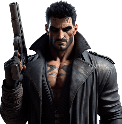 A muscular, imposing man with short spiky black hair, dark eyes, and a cold expression. He wears a long, dark trench coat and carries a large gun. His body language is strong and aggressive, with a gritty, rugged look, evoking a sense of danger. The background is desolate, with dusty windblown landscapes, reflecting the harsh environment of the anime world. The atmosphere should feel intense and full of tension, emphasizing his role as a tough, battle-hardened character.".
Single Game Texture. In-Game asset. 2d. Blank background. High contrast. No shadows.