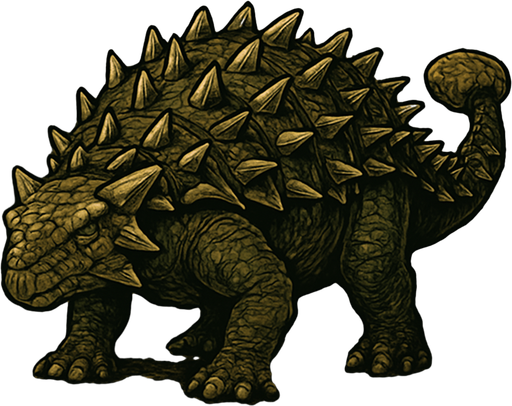 A large, heavily armored Ankylosaurus dinosaur standing in a prehistoric forest. Its body is covered with thick, bumpy, dark brown and olive-green armored plates and sharp spikes along its sides and back. The dinosaur has a broad, low head with small eyes and a short snout. Its massive tail ends with a large, club-like bony knob, ready to swing. The scene is lit by soft sunlight filtering through dense ancient conifers, with ferns and cycads on the ground. The texture of the skin is rough and scaly, showing detailed scales and scars from past battles. The overall style is realistic with natural colors and detailed textures, emphasizing the dinosaur’s power and defense..
In-Game asset.  2d.  High contrast.  No shadows