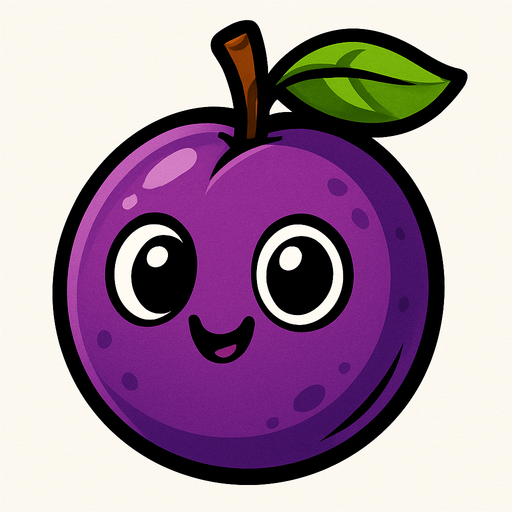 Ciruela Fruta con ojos lindos.
In-Game asset.  2d.  High contrast.  No shadows. Cartoon.