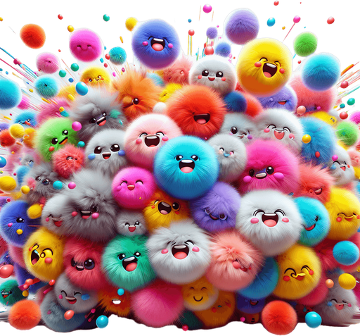 high definition, with lots of soft colorful fluffy fur balls. happy cartoon faces. exploding from middle of screen. No words