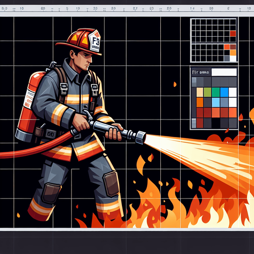 firefighter using fire extinguisher
Single Game Texture.  In-Game asset.  2d.  Blank background.  High contrast.  No shadows