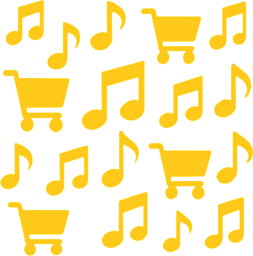 Mavi arka plan üzerinde sarı müzik notası simgeleri ve market arabası simgeleri olsun.
In-Game asset.  2d.  High contrast.  No shadows