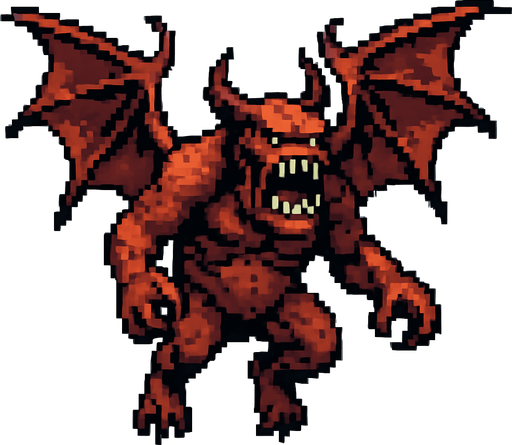 monster giant with wings, flying , pixel art, no background. In-Game asset. 2d. High contrast. No shadows.
In-Game asset.  2d.  High contrast.  No shadows
