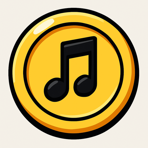 Yuvarlak altın para ortasında 🎶 müzik notası.
In-Game asset.  2d.  High contrast.  No shadows