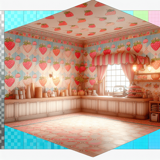 A cute kawaian bakery interior with strawberry tiles. Single Game Texture. In-Game asset. 2d. Blank background. High contrast. No shadows.