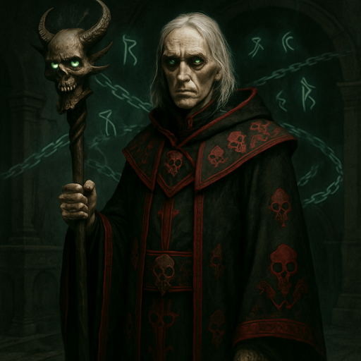 A haunted warlock in ceremonial black and crimson robes embroidered with skull patterns. Male, 56 years old, gaunt and tall, with shoulder-length white hair, sunken dark eyes glowing faint green, and sickly pale skin. He holds a staff topped with a demonic skull. Floating behind him are spectral chains and ghostly runes. The background is a cursed crypt. Realistic, highly detailed, dark arcane ambiance. realistic.
In-Game asset.  2d.  High contrast.  No shadows
