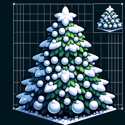 A snowcovered christmas tree decorated with snowballs..
Single Game Texture. In-Game asset. 2d. Blank background. High contrast. No shadows.