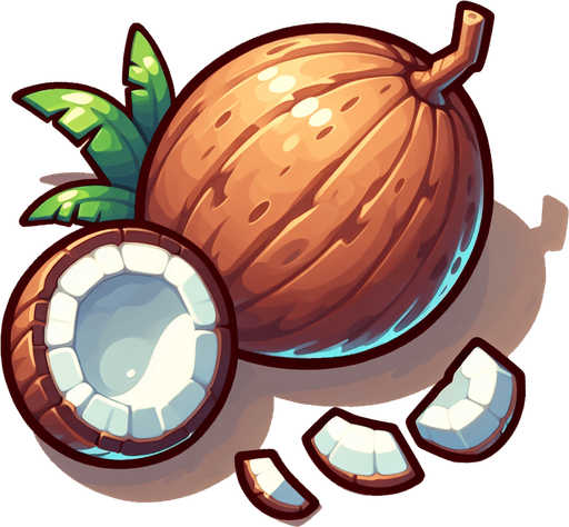 A coconut and a few pieces of coconut.
Single Game Texture. In-Game asset. 2d. Blank background. High contrast. No shadows.