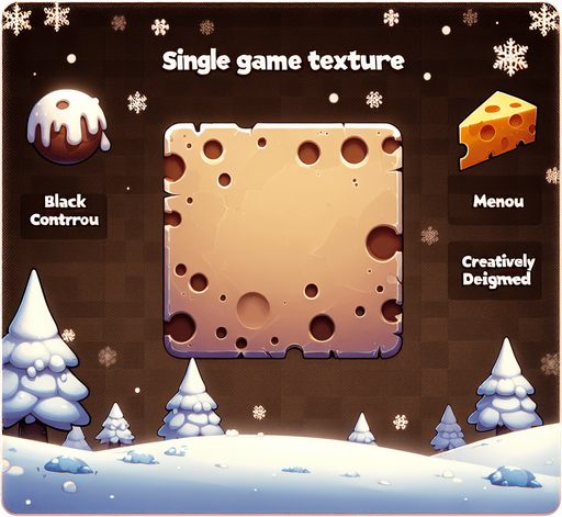 brown menu background, the frame is cheese, winter style Single Game Texture. In-Game asset. 2d. Blank background. High contrast. No shadows.