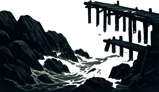 Stormy medieval coastline with jagged rocks and crashing waves, an old broken pier, sea mist, overcast skies, crows circling, moody and realistic.
In-Game asset.  2d.  High contrast.  No shadows