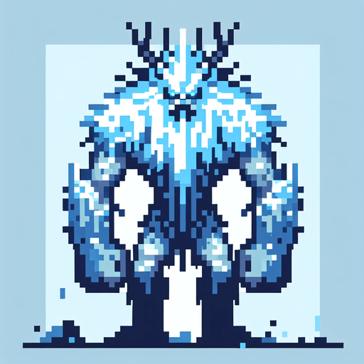 A terrible frost giant enemy sprite. Pixelart. Front view. Single Game Texture. In-Game asset. 2d. Blank background. High contrast. No shadows.