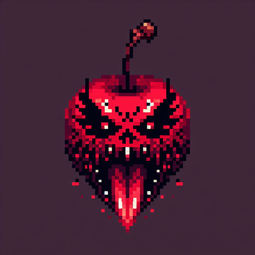 a demonic cherry, pixel style.
Single Game Texture.  In-Game asset.  2d.  Blank background.  High contrast.  No shadows