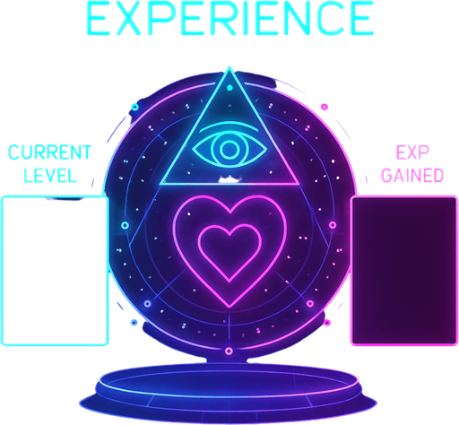 Neon cyberpunk experience menu form blank boxes labeled space for current level, experience gained, flat 2d 3d hologram glowing futuristic occult sigil heart eye triangle circle magick
