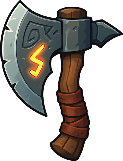 A stylized fantasy axe with a broad, curved blade and intricate engravings. The handle is wrapped in worn leather, and the metal has a slightly weathered look, giving it a battle-worn feel. The design is bold and exaggerated, suitable for an orc warrior, with a glowing rune etched into the blade. The style is high-fantasy with clean lines, vibrant highlights, and a dramatic shadow for depth. Perfect for 2D game assets or concept art..
In-Game asset.  2d.  High contrast.  No shadows