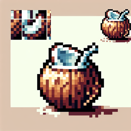 cartoon/8-bit. coconut drink. in a coconut..
Single Game Texture. In-Game asset. 2d. Blank background. High contrast. No shadows.