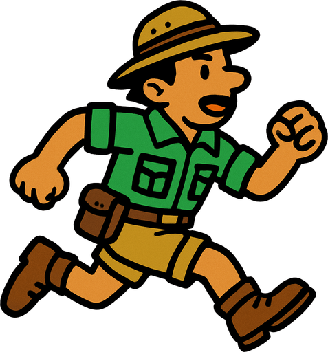 Safarici bir runner yeşil üstlü.
In-Game asset.  2d.  High contrast.  No shadows