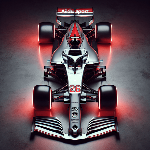 Photorealistic AUDI F1 race car, top view. 
Hex Color Code: #FF2A1B
Silver body with black stripes.
Luminous bright red rear wing and front wing, 
Audi's 4 piece of white ring on rear wing. 
White ,,Aidu Sport" text on front wing. 
red 26 number on nose.