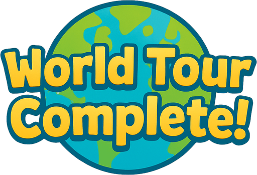 A bright and colorful 2D cartoon-style “Congratulations” screen for a mobile music game. The background should feature festive elements like fireworks, sparkles, confetti, and a glowing Earth or map. At the center, include a large golden text that says “World Tour Complete!” or “You’re a Sound Explorer Master!” in playful, bold font. The scene should feel rewarding and musical, with subtle music notes or instrument icons around the background. Export as a wide 1920x1080 PNG, with no UI buttons or overlays..
In-Game asset.  2d.  High contrast.  No shadows