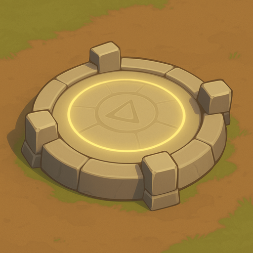 Crea un asset de Plataforma de Construcción de Torre Defensora en un estilo 2D renderizado, limpio y cartoonish, con contornos claros y definidos, colores vibrantes con transiciones suaves, y sombreado que dé volumen. Debe ser un espacio claramente definido donde el jugador pueda construir una torre.

Forma: Un círculo o una plataforma octogonal ligeramente elevada del suelo.

Textura: La superficie de la plataforma podría ser de piedra lisa, adoquines, o un patrón de madera entrelazada.

Color: Los colores deben ser neutros o ligeramente contrastantes con el terreno circundante para que sea visible. Tonos de gris, marrón claro o beige podrían funcionar bien.

Indicador de Construcción: Debe haber una indicación clara de que se puede construir algo aquí. Esto podría ser un glifo o símbolo sutil grabado en la superficie, o un halo de luz tenue que emana de la plataforma, o cuatro pequeños soportes/pilares en las esquinas/bordes para sugerir una base..
In-Game asset.  2d.  High contrast.  No shadows
