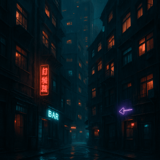 A dark, cyberpunk-style photo background (city, alley, rooftop, etc.)

Neon lighting, ambient flickers, and animated details for atmosphere.Creat more building and more windows could I see..
2d