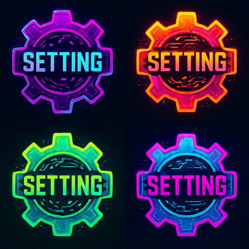 Setting buttons shapes as gears or cogs have text 'Setting'. HD colors. cyberpunk. Abstract. Different colors.
In-Game asset.  2d.  High contrast.  No shadows
