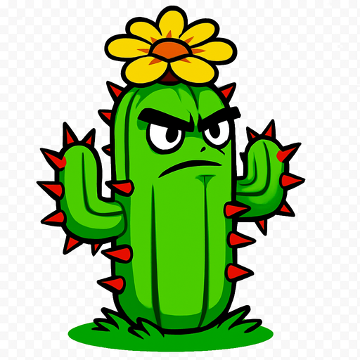 Cactus inspirado en Plants vs. Zombies. Planta verde con cuerpo segmentado cubierto de espinas rojas intensas, aspecto heroico y desafiante. Tiene una flor en la parte superior de color amarillo brillante y ojos decididos mirando hacia el frente. Postura erguida sobre césped, sin atacar, con estilo caricaturesco, líneas limpias, colores vivos y sin sombras. Fondo transparente, ideal como asset 2D para videojuego..
In-Game asset.  2d.  High contrast.  No shadows