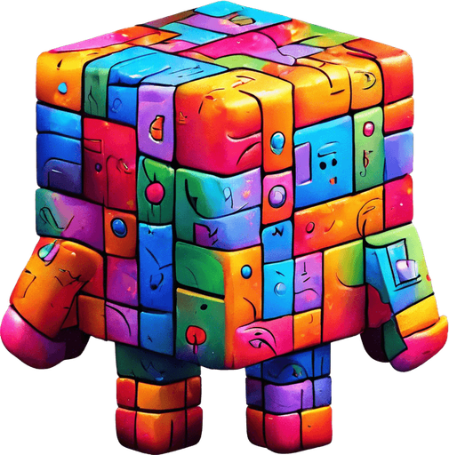 A little cube person. 2 legs. back to viewer. facing 45 degrees to the right. multicoloured skin, cartoon style.  Holding a big arrow point at 45 degress up