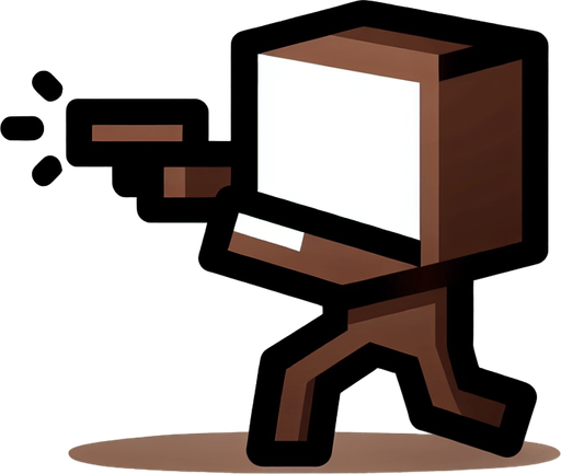 Brown block shooting a gun 2d.
Single Game Texture. In-Game asset. 2d. Blank background. High contrast. No shadows.