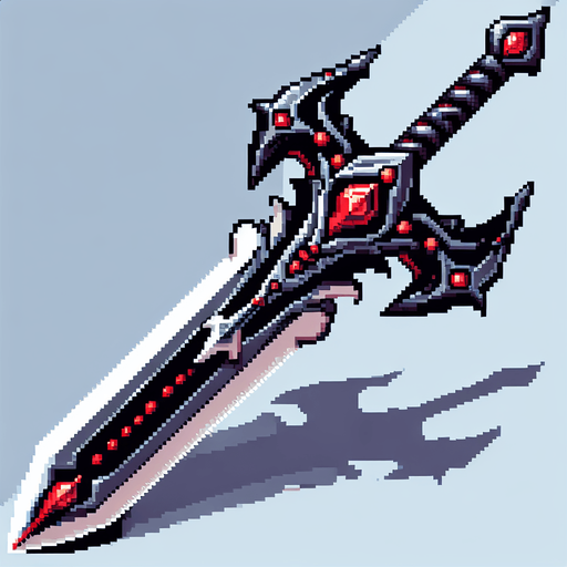 pixel art of an evil fantasy sword facing downward. Minor red details.
Single Game Texture. In-Game asset. 2d. Blank background. High contrast. No shadows.