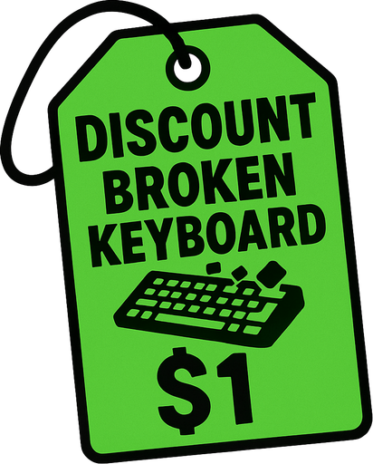 Green price tag that says discount broken keyboard $1
In-Game asset.  2d.  High contrast.  No shadows