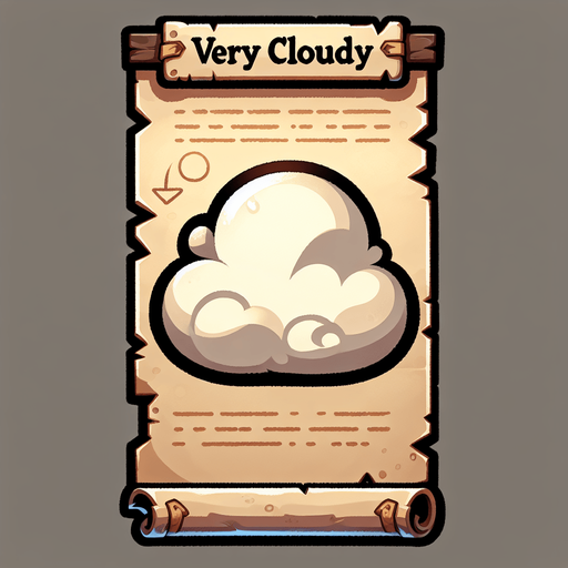 a pergament letter with the name "Very cloudy". It has a big cloud on it. vertical. Single Game Texture. In-Game asset. 2d. Blank background. High contrast. No shadows.