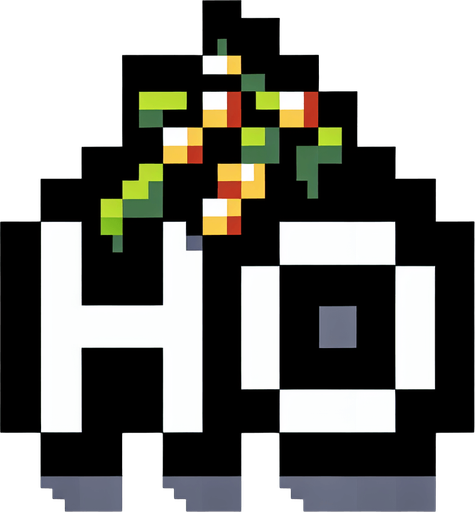 text saying "HO". mistletoe themed. Single Game Texture. In-Game asset. 2d. Blank background. High contrast. No shadows. pixelated. 8 bit