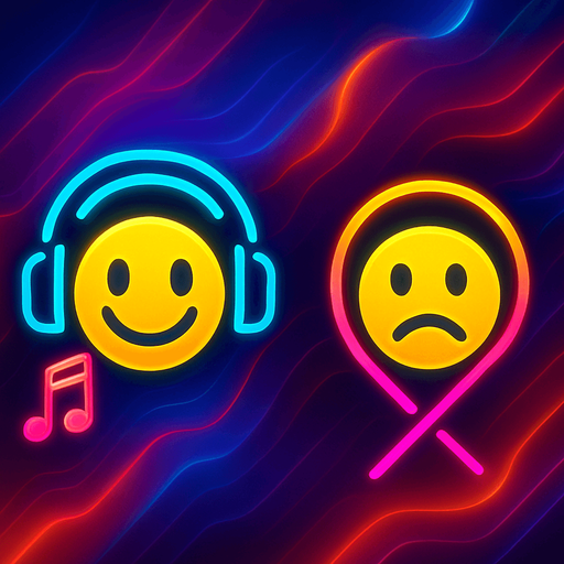 Icons for music & muted music by with emoji have headphone and happy and one doesn't have and sad. HD colors. future. cyberpunk+Abstract.
In-Game asset.  2d.  High contrast.  No shadows