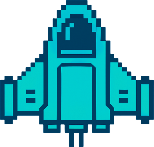Cyan renginde 2D retro tarzı bir uzay gemisi.
In-Game asset.  2d.  High contrast.  No shadows