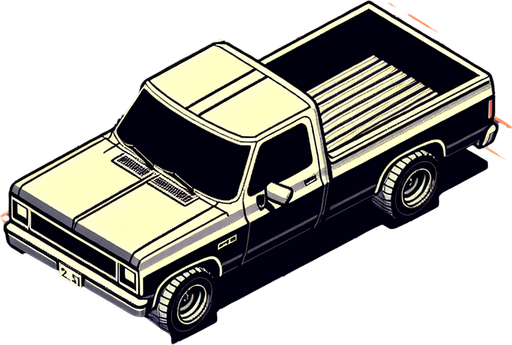 Style: spy hunter. Vehicle Type: pickup truck. Perspective: overhead..
Single Game Texture.  In-Game asset.  2d.  Blank background.  High contrast.  No shadows