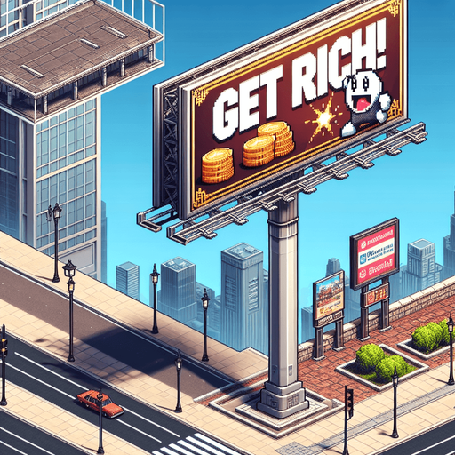 street ad billboard with 1 or 2 posts with "Get rich!" on it.
high definition video game sprite