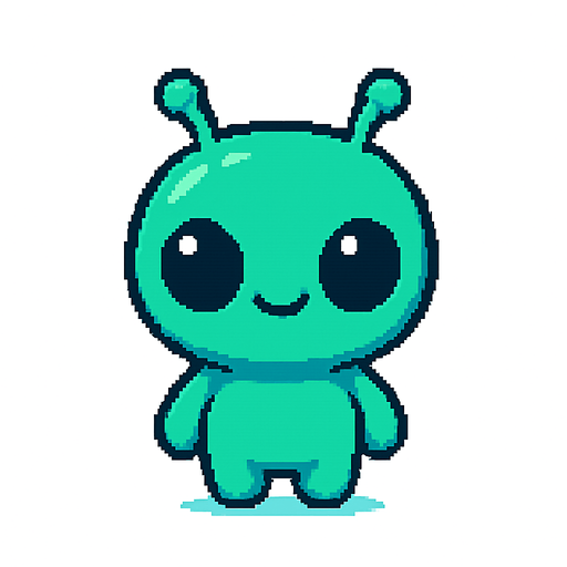 El alien debe ser un personaje pequeño y tierno, con piel verde o azul brillante, cabeza grande en forma ovalada, ojos negros y brillantes de estilo caricatura, y dos antenitas cortas que se muevan ligeramente; su cuerpo debe ser redondeado y compacto, con brazos y piernas cortas, dando una apariencia amigable y divertida; el diseño debe ser en estilo 2D o pixel art suave, con una animación sutil como parpadeo o balanceo, y fondo transparente para integrarse bien en un juego colorido y casual..
In-Game asset.  2d.  High contrast.  No shadows