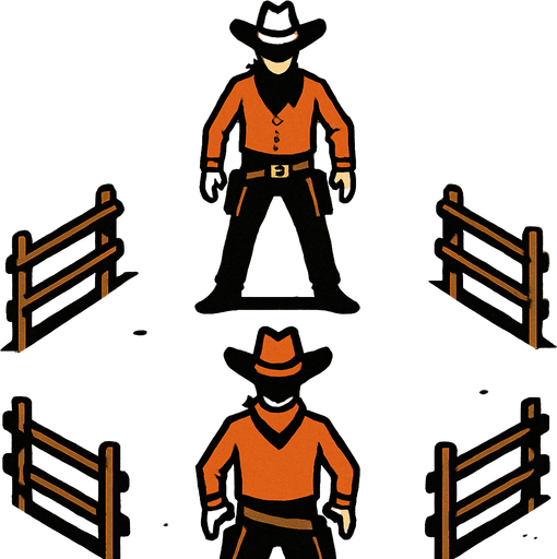 a western setting duel arena, place one cowboy at the top of the screen facing down and another cowboy at the bottom facing up.
In-Game asset.  2d.  High contrast.  No shadows