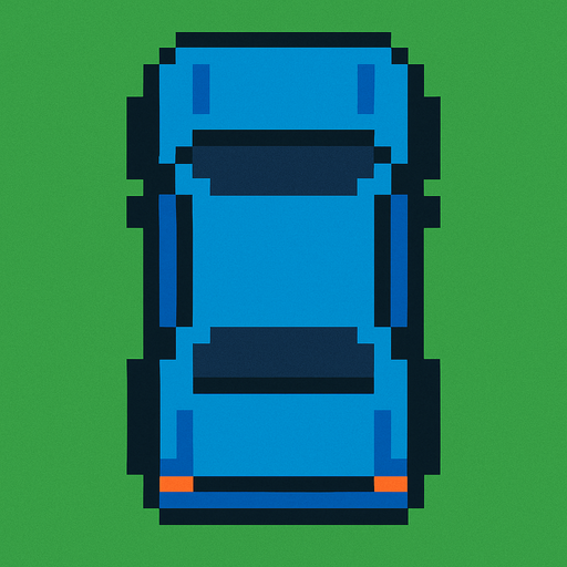 Blue car 2d pixilated topdown.
In-Game asset.  2d.  High contrast.  No shadows