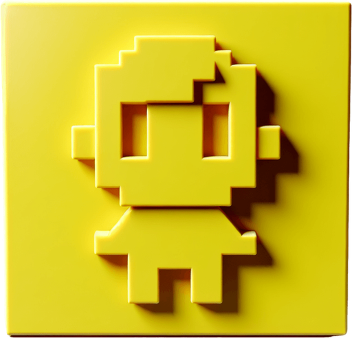 Cast plastic logo "game person" front view no perspective flat yellow, bevel simple..
Single Game Texture. In-Game asset. 2d. Blank background. High contrast. No shadows.