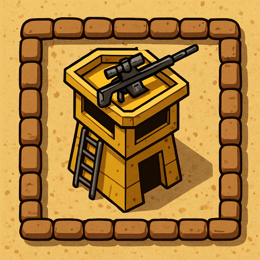 Top view of an Yellow defense Military tower Sniper, in the desert, the image has a square border outlined by military defense Brown sandbags.
In-Game asset.  2d.  High contrast.  No shadows