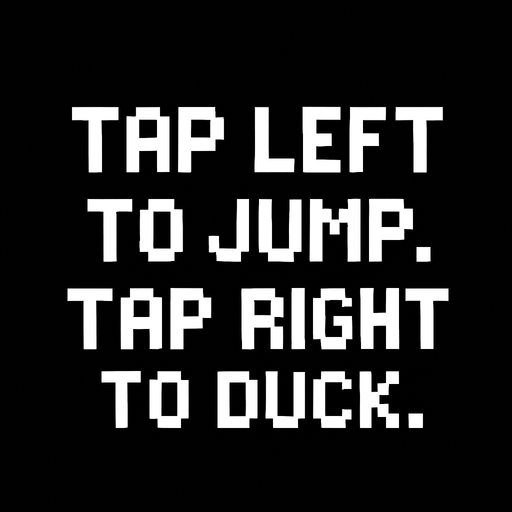 pixel art text white colored: tap left to jump
tap right to duck.
In-Game asset.  2d.  High contrast.  No shadows