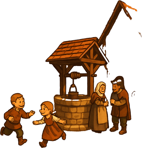 A quaint medieval town square with cobbled streets, wooden signs, children playing, townsfolk chatting near a well, cheerful and warm vibe, realistic
In-Game asset.  2d.  High contrast.  No shadows