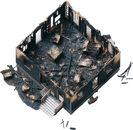 overhead view of charred remains of a completely burned down box house snowy lawn video game asset 2d blank background Single Game Texture. In-Game asset. 2d. Blank background. High contrast. No shadows.