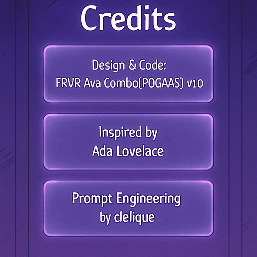 A semi-realistic comic book style “Credits” screen designed for a lo-fi DJ rhythm game, with a clean and minimal layout. The panel floats in front of a transparent or dimly lit background (no shadow, no clutter), size 2048x2732. The design features a softly glowing vertical list of credits, each displayed in elegant white text over slightly frosted glass-like translucent boxes with rounded edges and a faint purple neon glow.

At the top, a bold title reads “Credits” in a stylized modern font, slightly larger than the rest. Below, each credit entry appears like a sleek card, organized vertically with equal spacing between them. There are no borders or separators outside the glow of each box.

Text inside the credit boxes (exact layout):

Design & Code: FRVR.Ava.Combo[POGAAS].v1.0

Inspired by Ada Lovelace

Prompt Engineering by cielique

The UI should blend seamlessly into the rest of the game’s comic-style interface — soft lighting, ambient neon hues (purples, blues), and a tranquil ni.
In-Game asset.  2d.  High contrast.  No shadows