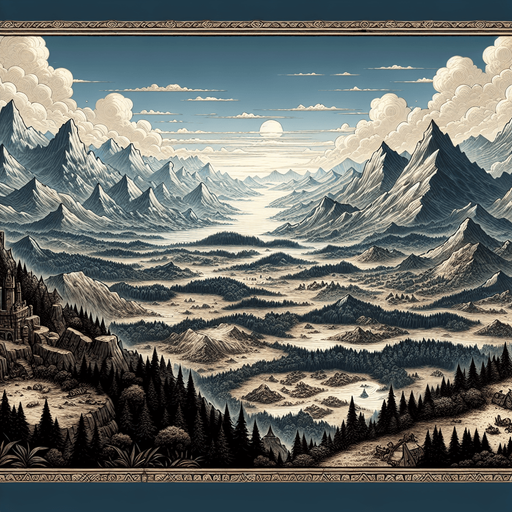 A background illstration for a game, rich in style, medieval fantasy themed, of a landscape seen from a great distance, like froma mountain ridge with mountains and forests and lakes and lots of features..
Single Game Texture. In-Game asset. 2d. Blank background. High contrast. No shadows.