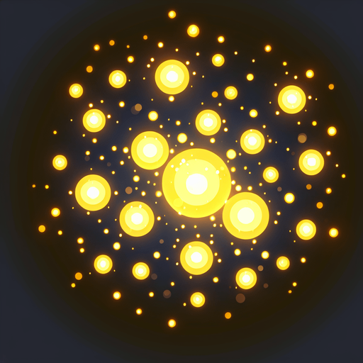 A sprite sheet of different round wisps. Like fireflies. Yellow in color, very bright center with a dimmer aura on the outside. 

Single Game Texture. In-Game asset. 2d. Blank background. High contrast. No shadows.
