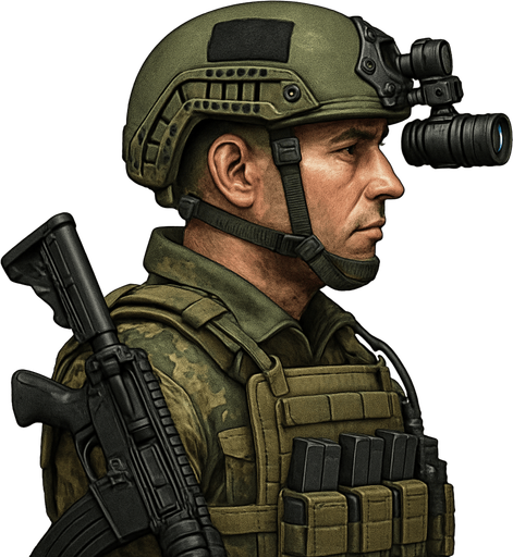 Komando, yazısız, gerçekçi, yandan görünüm.
In-Game asset.  2d.  High contrast.  No shadows